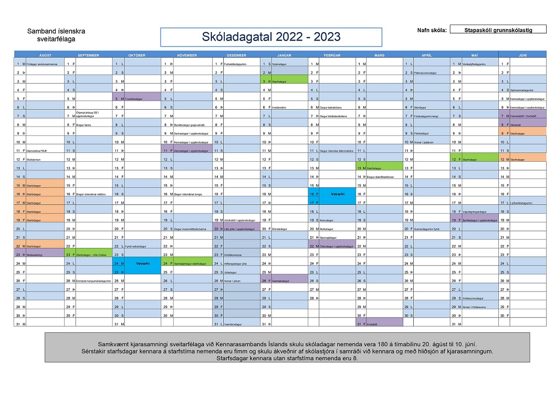 Skóladagatal grunnskólastigs 2022-2023