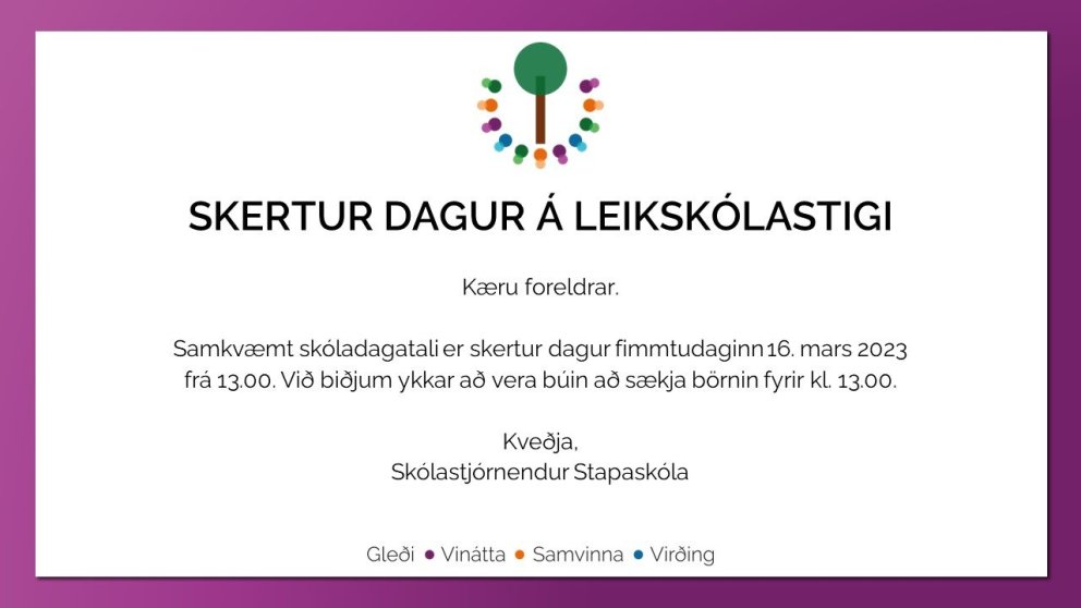 Skertur dagur á leikskólastigi 16. mars