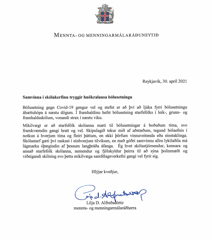 Samvinna skólasamfélags Stapaskóla - bólusetningar starfsfólks!