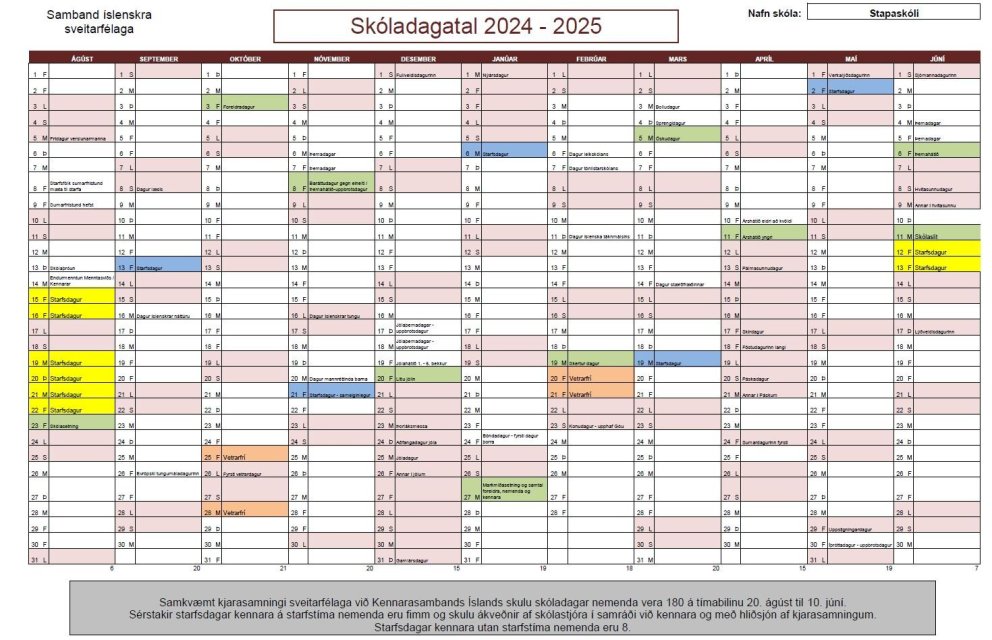 Skóladagatal fyrir veturinn 2024-2025