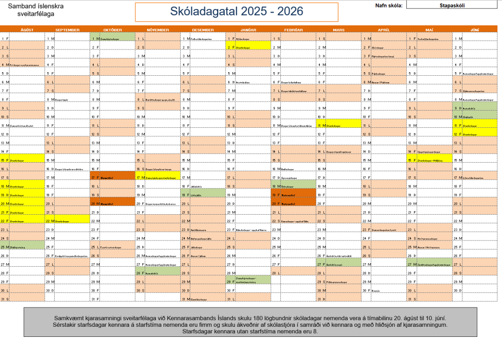 Skóladagatal grunnskólastigs skólaárið 2025 - 2026