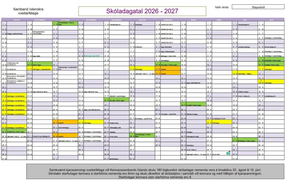 Skóladagatal grunnskólastigs skólaárið 2026 - 2027
