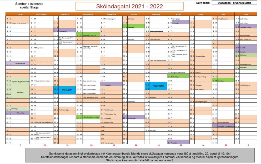 Skóladagatal grunnskólastigs 2021 - 2022