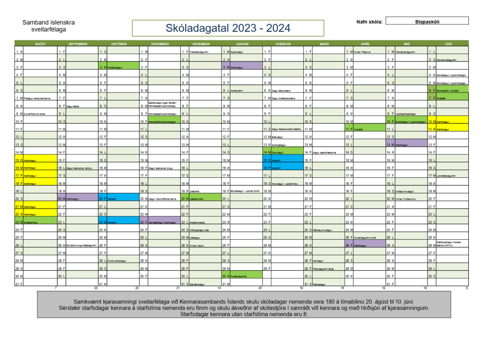 Skóladagatal grunnskólastigs 2023 - 2024