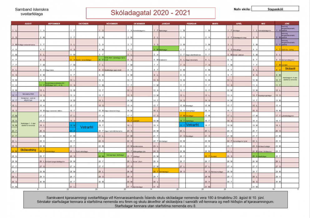 Skóladagatal 2020 - 2021